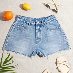 Shorts en jean taille haute pour femme, couleur unie, fermeture boutonnée, cinq poches, coupe classique, délavé, style décontracté - Product Image 6