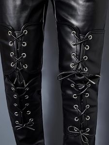 Pantalones de Cuero Genuino Negro, Ecológicos, Formales de Invierno, de Cintura Alta, Ajustados, Estilo Gótico, Largos, con Botones Decorativos y Cierre de Botones - Product Image 5