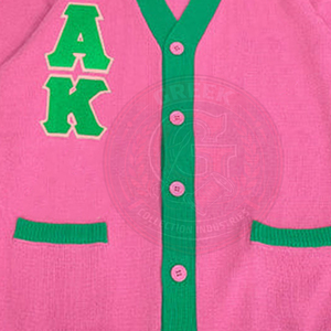 Cardigan personnalisé Alpha Sorority rose et vert pour femmes, en acrylique tricoté, col en V, broderie logo grec, style universitaire hiver - Product Image 3