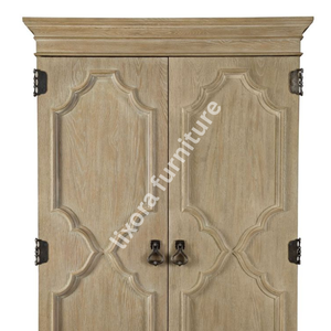 Luxury Handcrafted Solid Wood 2 Door <b>Wardrobe</b> Geometric Quatrefoil Carving Natural Oak Armoire - Product Image 2