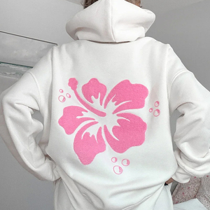 Sudadera con Capucha Extra Grande para Mujer, Color Blanco, con Diseño Floral Rosa en la Espalda, Manga Regular, Tejido de Algodón, Sudadera de Verano - Product Image 4