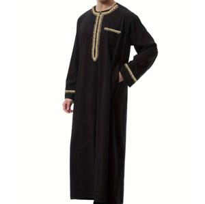 Túnica islámica de algodón 100% transpirable para hombre, estilo Thobe Jubbah, con bolsillo en el pecho, bordado negro liso y estampado de moda, tipo Abaya Thawb de Dubái. - Product Image 4