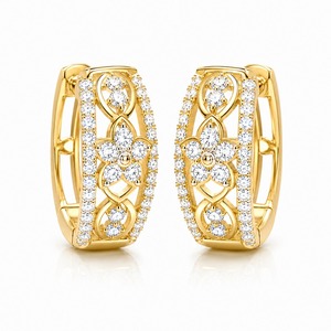 Boucles d'oreilles créoles de luxe en or jaune avec diamants ronds taille brillant, motif floral, sertissage à griffes, bijoux de mariage pour femme - Product Image 4