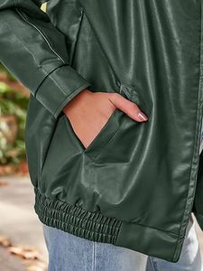 Chaqueta de Cuero Verde para Mujer, Estilo Bomber Oversize, Cuello Camisero, Cierre de Cremallera, Dobladillo Elástico, Ajuste Holgado, Ropa Exterior Informal Personalizada - Product Image 5