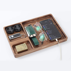 Home Bedside Table Desk Organizer Jewelry <b>Tray</b> Walnut Wooden Valet <b>Tray</b> <b>Catch</b> <b>All</b> <b>Tray</b> with Cable Slot for Men Dad - Product Image 1