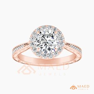 Rose Gold Plated Round Cut Halo Engagement <b>Ring</b> Women Vintage Engraved <b>Split</b> Shank American Diamond CZ Wedding <b>Ring</b> - Product Image 5
