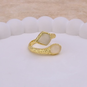 Handmade Boho Chic Adjustable <b>Ring</b> for Women White Moonstone Gemstone Textured Band in Gold Plated <b>Brass</b> <b>Rings</b> Trendy Jewelry - Product Image 4