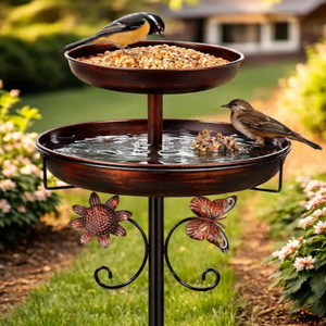 Mangeoire à oiseaux d'extérieur en fonte à double niveau, station d'eau et de nourriture, bain pour oiseaux sauvages avec support en fer, bain à oiseaux en cuivre - Product Image 3
