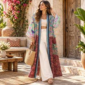 Indian Silk V-neck Patchwork Boho Robe with Drawstring Closure Breathable & Soft Long Beach <b>Cover</b>-<b>Up</b> Summer Cardigan Coat Jacket - Product Image 2