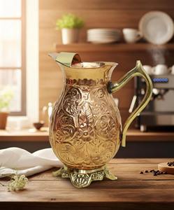 Carafe en cuivre artisanale avec poignée en laiton, décorée de motifs floraux, pot à eau ayurvédique avec couvercle - Product Image 6