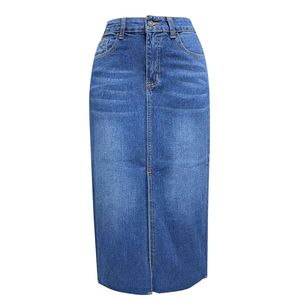 Jupe longue en jean taille haute pour femme, bleu moyen, avec fente avant et ourlet brut, coupe droite, style décontracté streetwear d'été - Product Image 6