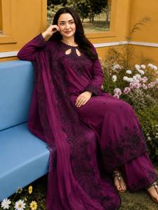 Purple Embroidered Kurti Palazoo Set <b>Women</b> Traditional Indian Pakistani Outfit With Dupatta for Wedding Party Festive <b>Kurta</b> Set - Product Image 1