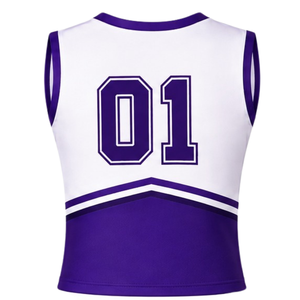 Ensemble d'uniformes de cheerleading imprimés violets, haut sans manches à col en V, jupe plissée, 100% polyester, pour équipe sportive, performance de danse - Product Image 5