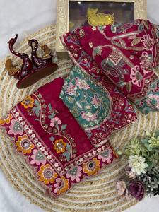 Hand Drawn Embroidered Floral Women Set Traditional Indian <b>Saree</b> <b>Blouse</b> and Dupatta Modest Party Wedding Wear - Product Image 5