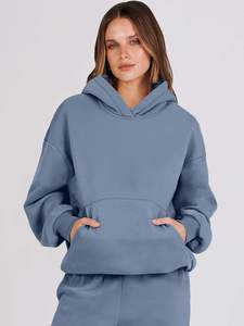 Conjunto Deportivo de Sudadera con Capucha Azul para Mujer, 100% Algodón, Corte Holgado Informal, Largo, Colores Lisos, Bolsillos Laterales - Product Image 4