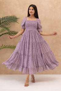 Robe midi en mousseline à imprimé floral lavande avec manches bouffantes, coupe trapèze ample, style bohème, col carré, taille élastique, pour le quotidien, été - Product Image 3