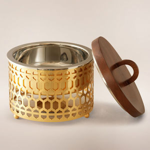 ชุดอุ่นอาหารบุฟเฟ่ต์ทรงกลมดีไซน์ทันสมัยสีแชมเปญโกลด์ พร้อมตะแกรงลวดและถาดเสิร์ฟสแตนเลสสำหรับงานอีเว้นท์ - Product Image 6