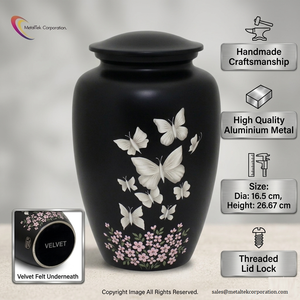 Premium Metal Cremation Urn Elegant Black Matte Finish Hand Painted White Butterflies Floral Art Durable Secure Lid Memorial Jar - Product Image 3
