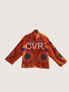 Chaqueta Bohemia con Cuello Mandarín, Bordado Floral, Manga Larga, Cierre de Cremallera, Color Naranja, Ropa Exterior para Mujer, Estilo Casual de Otoño - Product Image 1
