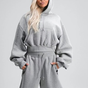 Hoodie court beige personnalisé pour femme, coupe ample, épaules tombantes, manches régulières, pull-over d'hiver, écologique, respirant, vente en gros OEM - Product Image 1
