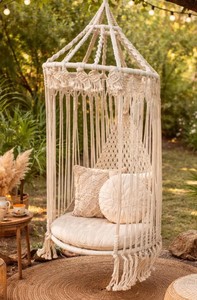 Boho Macrame Hanging Chair – Handmade Cotton <b>Hammock</b> <b>Swing</b> Seat for Garden, Patio & Bohemian Outdoor Decor - Product Image 2