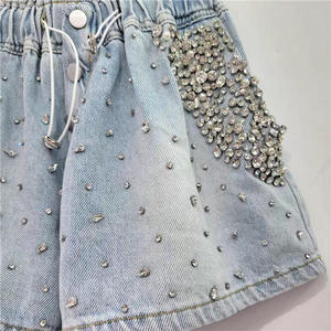 High Waist Denim Shorts With Rhinestone Beading And Sequined Pockets Loose Fit Casual Summer Style - Product Image 3