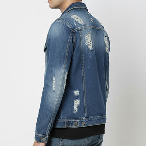 Veste en jean homme de haute qualité, coupe longue et ample, déchirée, col rabattu, bleu clair délavé, tendance - Product Image 5