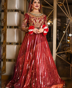 Luxurious Red Embroidered Sequined Organza Ball Gown Dress with V-neck Full <b>Sleeve</b> Silk Lining Floor-Length Formal Wear - Product Image 4