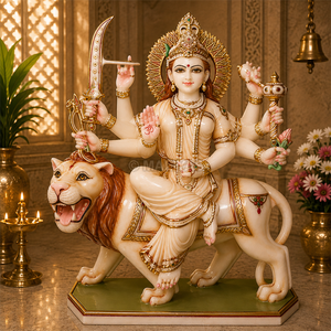 Marble Durga Maa Statue on Lion | Handcrafted Multi-Armed Durga Mata Murti with Ornate Halo by MALIYAS Jaipur - Product Image 1