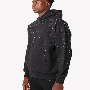 เสื้อฮู้ดดี้สีดำผู้ชายแบบใหม่ล่าสุด ประดับด้วยคริสตัลสีพื้น ผลิตจากโพลีเอสเตอร์และเรยอน เป็นมิตรต่อสิ่งแวดล้อม บริการ OEM พิมพ์ลายได้ทั่วตัว - Product Image 3