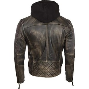 Veste de motard vintage en cuir véritable pour homme avec capuche amovible - Product Image 3