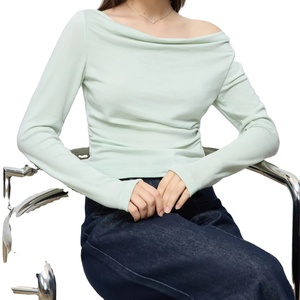 Top de verano 2025 para mujer, camiseta de lana de manga larga con cuello oscilante, camiseta negra ajustada - Product Image 1