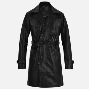 Abrigo de Cuero Genuino Negro para Hombre, Estilo Gabardina hasta la Rodilla, Doble Botonadura, Solapa con Muescas, Manga Regular, con Cinturón - Product Image 1