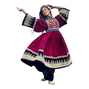 Nouvelle Robe Afghane pour Femme, Longueur Genou, Col Montant, Manches Lanterne, en Velours, Coupe Évasée, Broderie, Style Bohème Kuchi, pour Fête et Mariage - Product Image 1