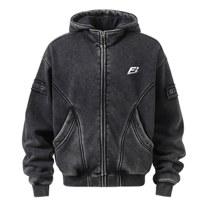 Sweat-shirt unisexe à capuche zippé en polaire, couleur unie, logo brodé sur le devant, poche décorative, style décontracté, écologique, effet délavé Y2K - Product Image 1