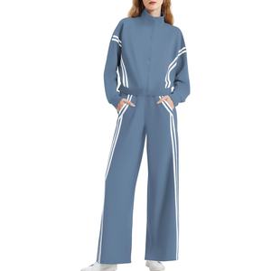 Ensemble de survêtement bleu pour femme, manches longues, style sportif, avec fermeture éclair rayée, coupe ample, 100 % polyester, idéal pour le printemps - Product Image 2