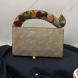 Handcrafted Mother of Pearl Clutch with Floral Gold Handle Crystal Embellished Luxury Evening Bridal Statement Bag <b>Handbag</b> - Product Image 5