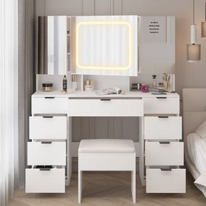 Large LED-Lit Vanity Table Set with 3 Opening <b>Mirrors</b> Full Storage Behind Dressing <b>Makeup</b> Table 3 Opening <b>Mirrors</b> LED Lights - Product Image 3