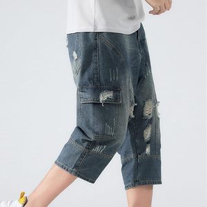 Pantalon Capri Rétro en Jean pour Homme – Short en Jean Tricoté Extensible Effet Vieilli Coupe Ample pour Homme - Product Image 2