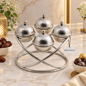 Ensemble de bols de service en acier inoxydable martelé de luxe pour dattes au chocolat avec couvercles et support tressé, décoration de table pour Ramadan et Aïd, cadeau de mariage - Product Image 2