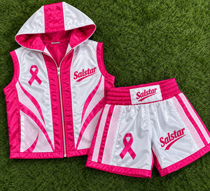 Shorts de boxe roses personnalisés, veste à capuche pour femmes, uniforme de boxe en satin, vêtements de sport pour la sensibilisation au cancer du sein, fabricant OEM - Product Image 6