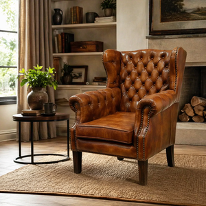 Fauteuil haut dossier en cuir véritable de qualité supérieure, coussin moelleux, structure en bois robuste, confort optimal pour salon, appartement, extérieur - Product Image 2