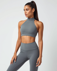 Seamless High <b>Neck</b> Sports <b>Bra</b> And Leggings Set <b>Halter</b> Crop Top Workout Yoga Wear Gray Two Piece Activewear - Product Image 1