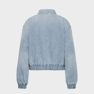 Veste en jean zippée pour femme, qualité supérieure, prix abordable, avec logo personnalisé, manches et ourlet côtelés, coupe courte, en jean délavé - Product Image 6