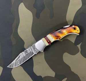 Couteau de camping de poche de haute qualité, best-seller de Product Palace LLC, en acier Damas de qualité supérieure, avec manche en os industriel. - Product Image 6