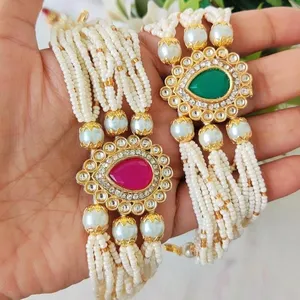 Elegant Handcrafted Pearl <b>Beaded</b> <b>Bracelet</b> Set with Kundan Stone Centerpiece Traditional Ethnic Jewelry <b>for</b> Women Festive Wear - Product Image 1