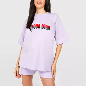 Ensemble 2 pièces personnalisé 100 % coton pour femme, style décontracté d'été, avec logo imprimé sur mesure, ensemble court uni pour femme, style urbain - Product Image 1