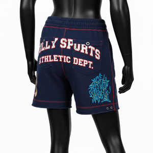 Shorts de mujer de felpa de algodón y poliéster premium con costuras rojas, bordado de chenilla, cremallera frontal y logo personalizado. - Product Image 5