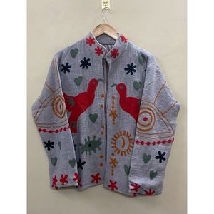 Floral Embroidered Knitted TNT Cardigan Women Turn-down Collar Open Front Handmade Design Spring Wear - Product Image 1
