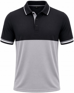 Polo pour homme à blocs de couleur, manches courtes, tricoté, coupe classique, bordure contrastante, design uni, noir et gris - Product Image 1